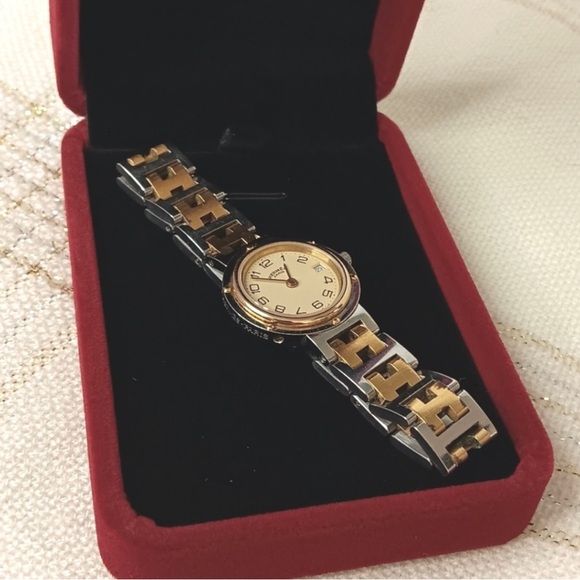 🎉SOLD🎊Hermès✨Ivory Yellow Gold Plated Stainless Steel Clipper Quartz Wristwatch - Picture 15 of 15